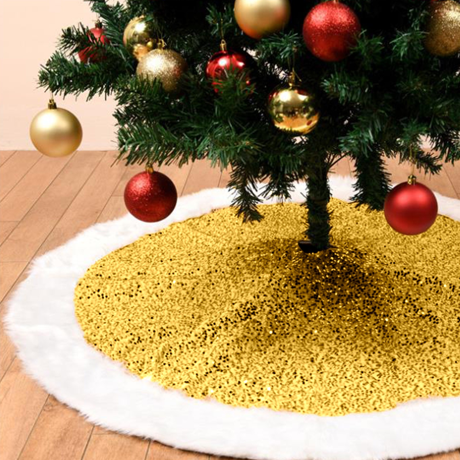 Boovnll Christmas Tree Collars 36 Inch Sequin Tree Skirt Glitter Xmas Tree Ring Double-Layer Velvet Tree Skirt Collar Tree Base Cover For Christmas Halloween Party