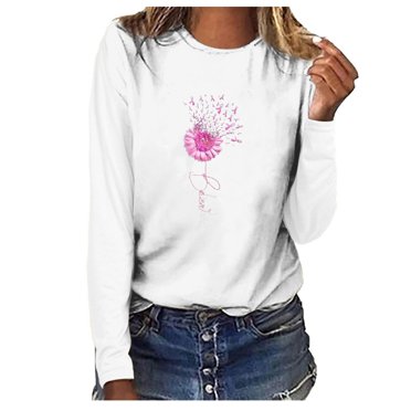 Pisexur Women's Sunflowers Breast Cancer Tshirt Pink Ribbon Breast Cancer Awareness Flag Long Sleeve T-Shirt