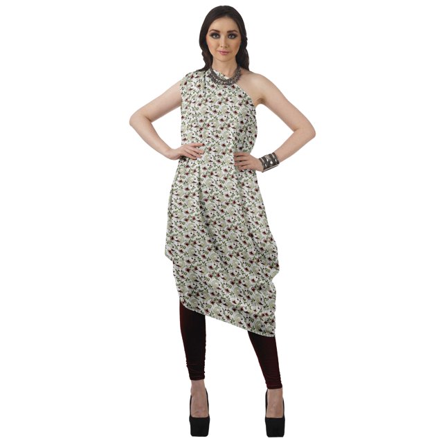 Moomaya Robe Kurti à une Épaule Imprimée pour Femme, Sans Manches, à Col Bénitier, Style Bohème, Tenue de Soirée de Designer