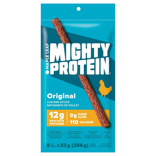 Maple Leaf Mighty Protein Original Chicken Stick Fully cooked single chicken meat stick shown with seasoned surface (garlic, onion, salt); 32 g stick provides 12 g protein, sugar-free, gluten-free, 110 calories — portable protein ideal for road trips or picnics.