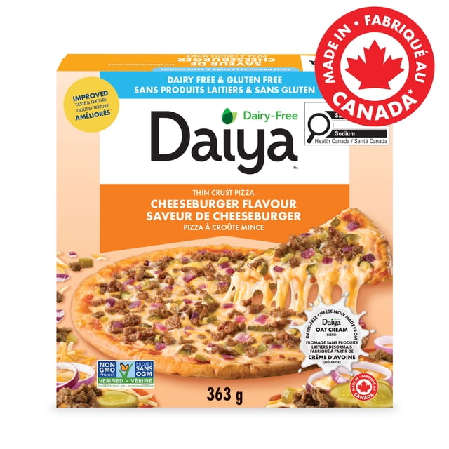 Daiya Dairy Free Gluten Free Cheeseburger Flavour Pizza with crispy thin crust topped with melty dairy-free mozzarella and cheddar cheese made from oat cream blend, plant-based beef crumbles, red onions, and pickles, 363 g, featuring Canadian Made label.