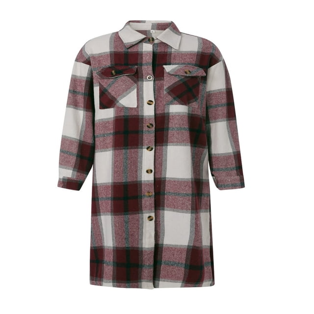 Women Plaid Windbreaker Coat Button-down Long Sleeve Lapel Jacket With Pockets Fall Spring Outwear