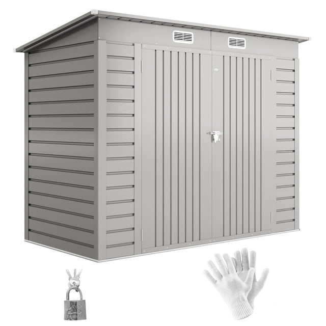 Outsunny 8 x 4FT Metal Garden Storage Shed in light grey, designed for outdoor storage with a galvanized steel structure, waterproofed roof, two ventilation slots, and a secure latch on double doors. Includes gloves for installation.