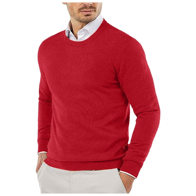 LUOGENLI Chandail Sans Manches pour Homme Automne et Hiver Lisse Confortable Léger Drapé Peau Douce Texturé Coupe Ajustée Col Rond Manches Longues Chandail pour Homme Chemise Manches Courtes Rouge Melon D\'eau Taille g