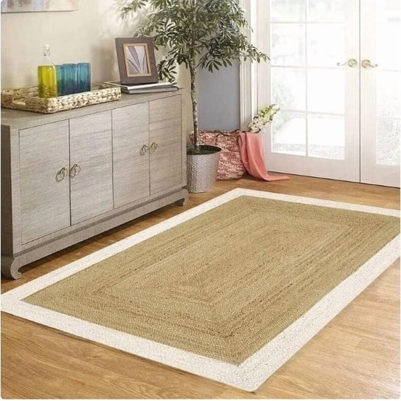 Aizza Trends 10x14 Ft White & Natural Jute Area Rug, Boho Chic Natural Jute Area Rug - Hand-Braided, Rustic Farmhouse Decor for Living Room Carpet,