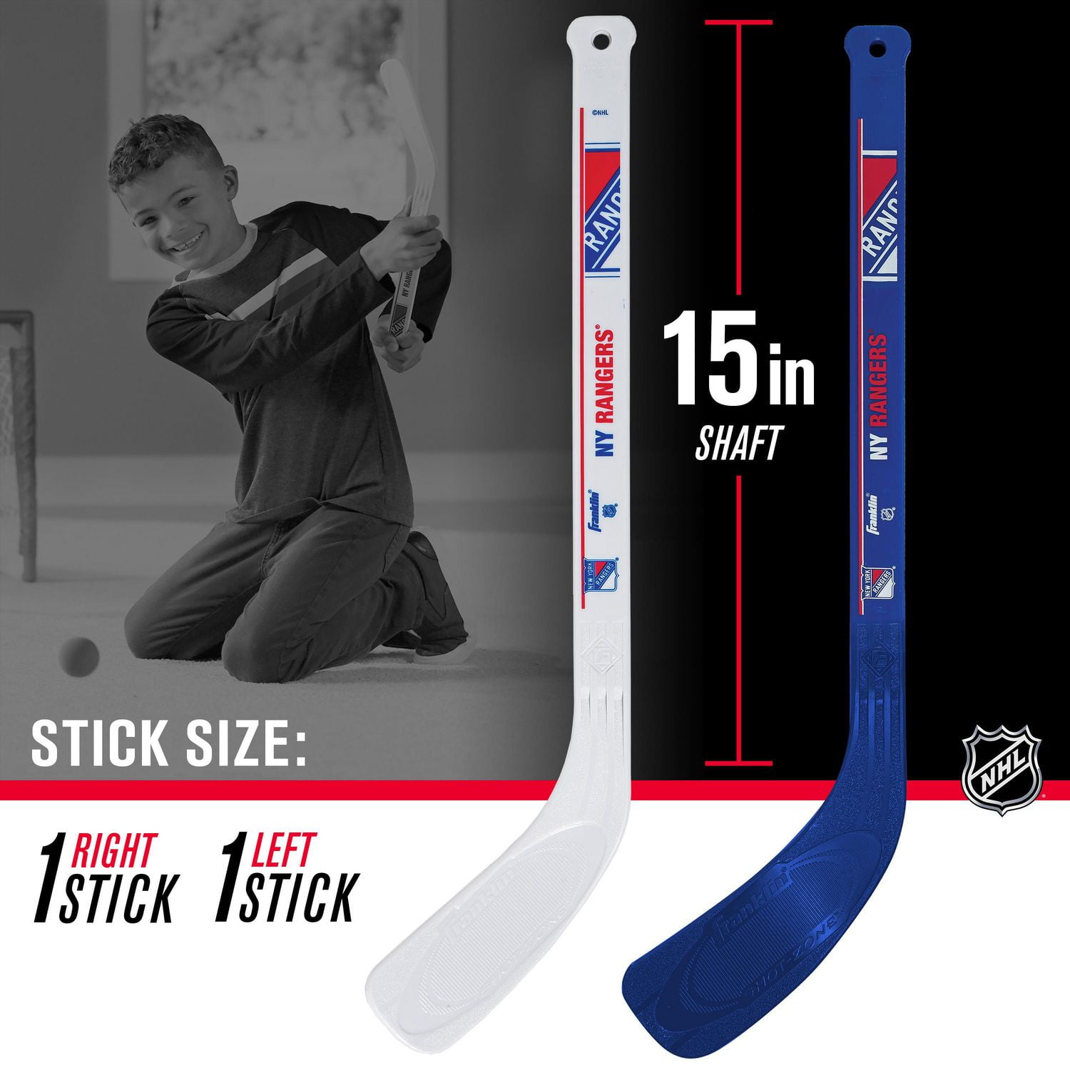Franklin Sports Ensemble de mini hockey Rangers de la NHL – But de hockey intérieur pour enfants, ballon, 2 mini bâtons de hockey