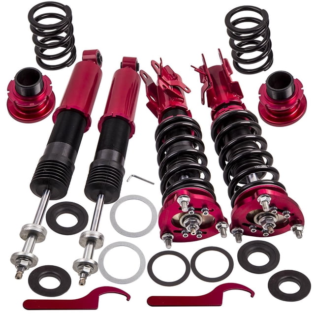 Maxpeedingrods Coilovers Shock Kit for Honda Civic MK8 8th Gen. 06-11, featuring a complete suspension kit with 4 shock absorbers and 4 springs. The kit includes adjustable height from 1 to 3 inches, 24 levels of damping force adjustability, and camber plate top mounts for improved steering response. The red twin-tube structure ensures durability and performance, with stress-tested high-tensile springs. Suitable for Honda Civic VIII models (2006-2011) and Acura CSX (Canada, 2006-2011), excluding the Mugen trim. Includes height adjustment tools and wrenches.