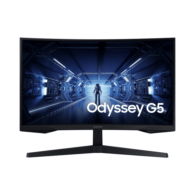 Samsung 27" WQHD Odyssey G5 Gaming Monitor with 1000R curved screen, model LC27G55TQBNXZA. Features a 27-inch QHD (2560 x 1440) curved VA panel, 144Hz refresh rate, 1ms response time, AMD FreeSync Premium, and HDR10 for vivid visuals. Designed for immersive gameplay with HDMI and DisplayPort connectivity.
