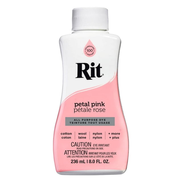 Rit All Purpose Liquid Dye in petal pink, 236 ml (8 fl. oz.) bottle with white screw cap, suitable for dyeing cotton, wool, nylon, and other fabrics, featuring bilingual English and French text and eye irritation caution.
