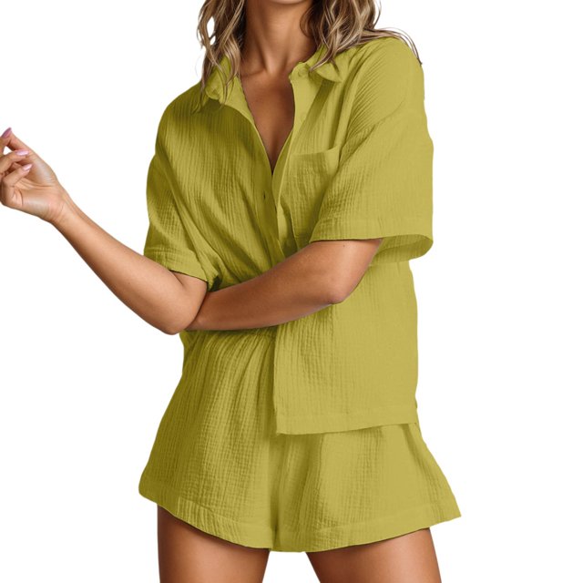 Ensemble de Shorts pour Femme Mode Décontractée Manches Courtes à Boutons Tenue Confortable Polyvalente Printemps Été pour Usage Quotidien