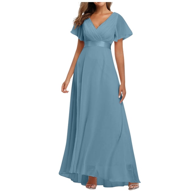 Robes d'Invitée de Mariage pour Femmes Portefeuille à Col en V en Mousseline Maxi Cocktail Soirée Bal Robe Élégante Longue Robe de Demoiselle d'Honneur