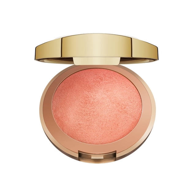 Milani Baked Blush powder blush in a round gold compact, featuring a peachy-pink baked formula with satin shimmer for a buildable, natural cheek color and luminous glow, suitable for all skin tones.