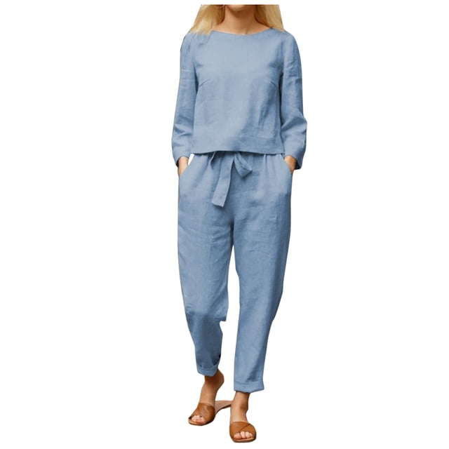 Kcodviy Women's Solid Color Linen Sweatpants Outfit Women Loose Top and Drawstring Modern Business Suits for Women Linen Long Pants Set Party Outfit Outfits