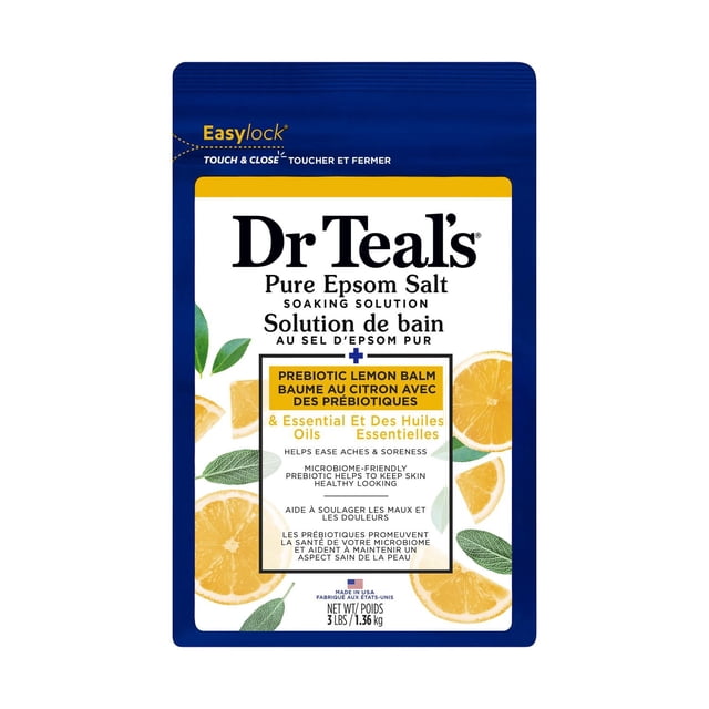 Dr Teal's Pure Epsom Salt Soaking Solution, Prebiotic Lemon Balm, 1.36 kg resealable pouch with Easylock closure, containing bath salts with essential oils to ease muscle aches and promote healthy skin microbiome, suitable for bath and body care.