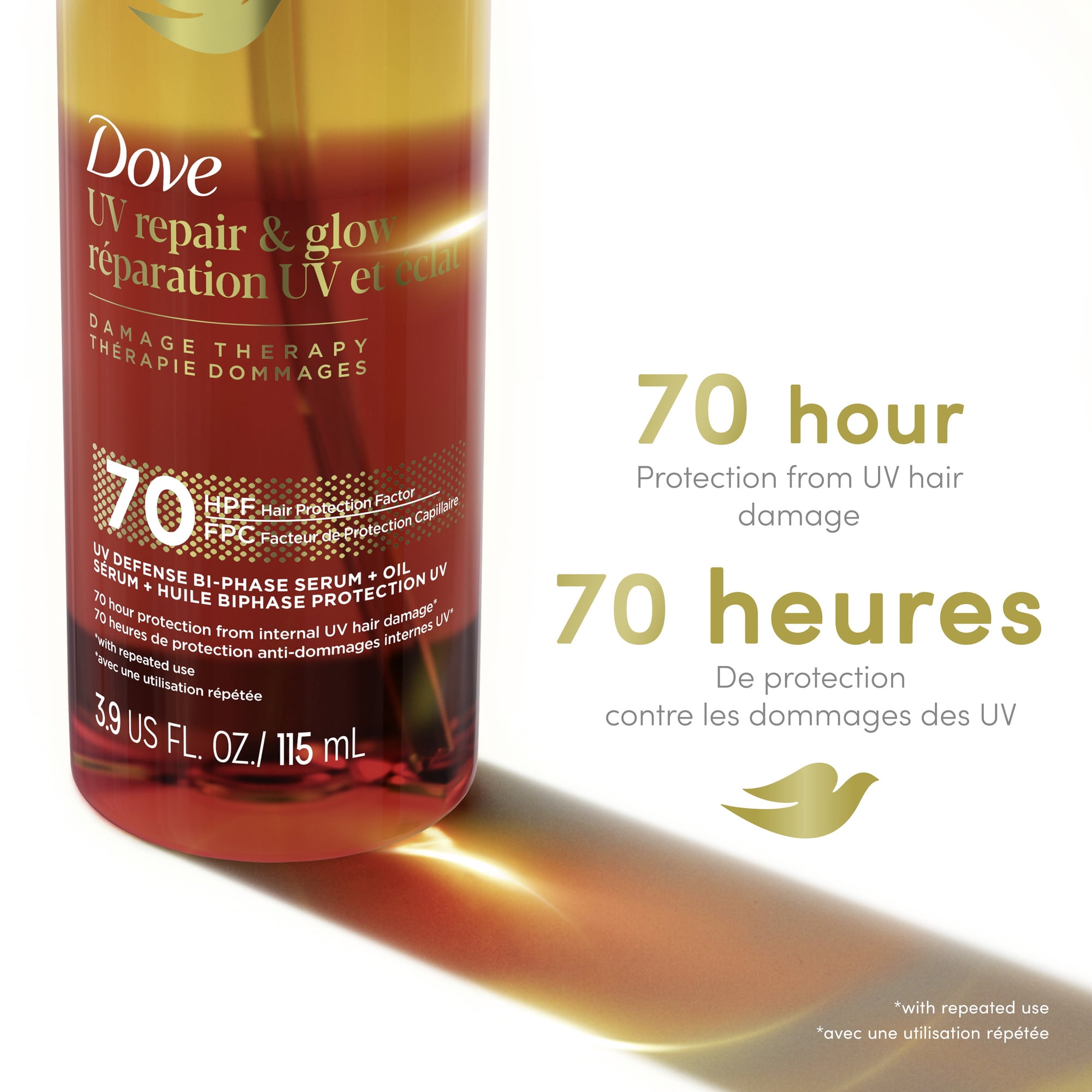 Dove Sérum + Huile Biphase Protection UV Réparation UV et Éclat 70 H de Protection Anti-Dommages UV, 115 ml