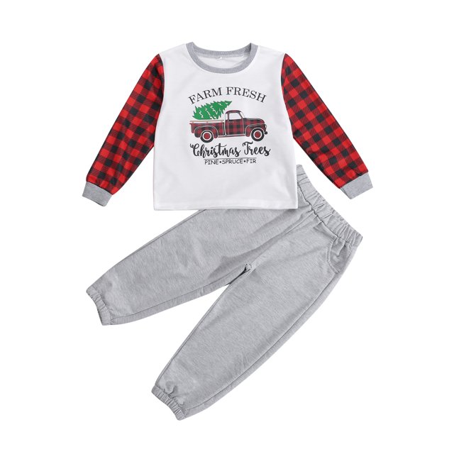 goowrom Enfants Imprimé Voiture Dessin Animé Col Rond Manches Longues + Pantalons Longs Couleur Unie