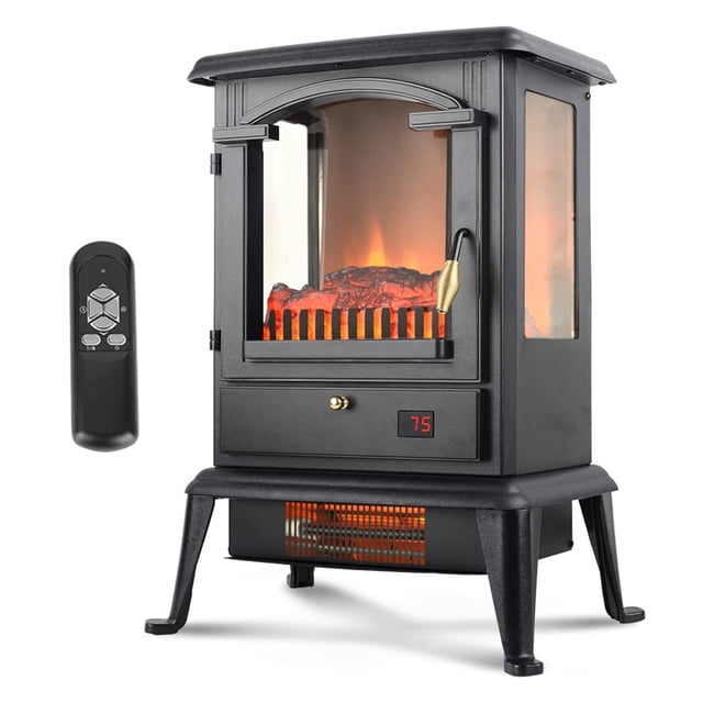 VOLTORB Freestanding Electric Fireplace Heater Stove with Remote Control, featuring a black stainless steel design with a 3-sided flame view and realistic 3D flame effect. Includes a digital thermostat, 12-hour programmable timer, and two heat settings (1,000/1,500 watts). The compact unit measures 16.6 x 10.7 x 22.44 inches and weighs 14.33 pounds. Equipped with safety features like a cool touch exterior, overheat switch, and master power switch. Comes with a remote control for convenient operation.