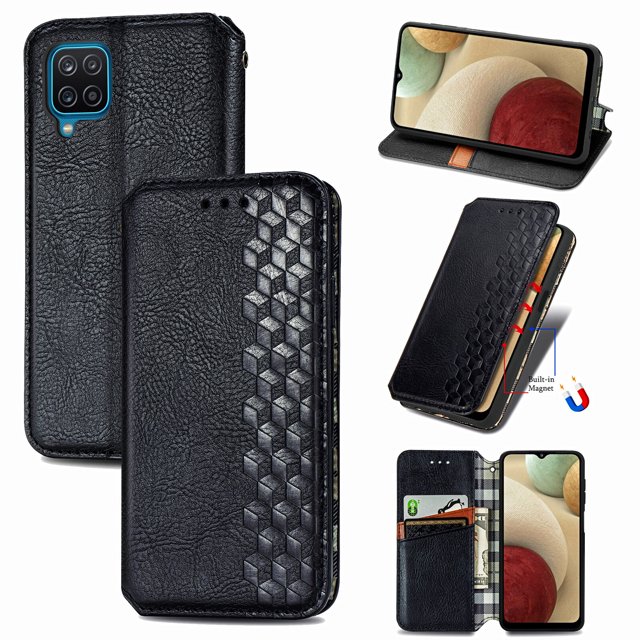 Case for Samsung Galaxy A12 Flip Cover Wallet Flip Cover Magnetic Protective - Black