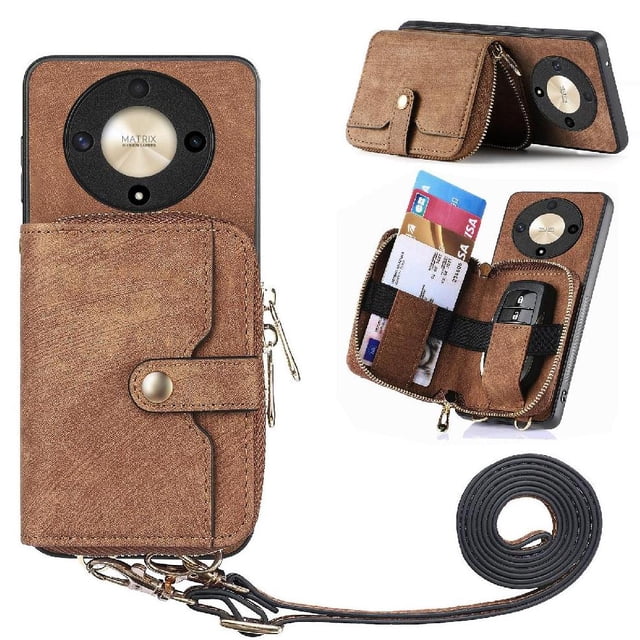 Crossbody Phone Case Wallet with Detachable Strap for Honor X9B Shockproof Cover Brown