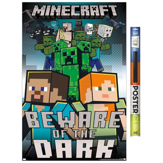 Minecraft - Attention à l'Affiche Murale Sombre avec Cadre Magnétique, 22,375 Po x 34 Po Mettant en Vedette des Personnages Pixélisés Steve et Alex au Premier Plan, Entourés de Rampants, d'Endermen, de Squelettes et de Fantômes de style pixel-art Sombre, Imprimée sur Papier Lustré avec un Cadre en Bois Magnétique Facile à Accrocher, Convient à la Décoration de Chambre Ou de Salle de Jeux.