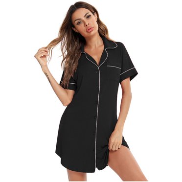 Robe à Manches Courtes Robe T-Shirt à Manches Courtes pour Femmes Chemise de Nuit Ample à Boutons avec Poche Vêtement de Nuit