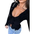 thumbnail image 1 of Women Ruffle Tie Front Cardigan Sweater Long Bell Sleeve Cropped Knit Sweater Top Black S, 1 of 7