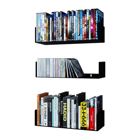 Wallniture Bali Black Bookshelf and CD DVD Storage Shelf Set of 3 Metal Floating Book Shelves for Wall