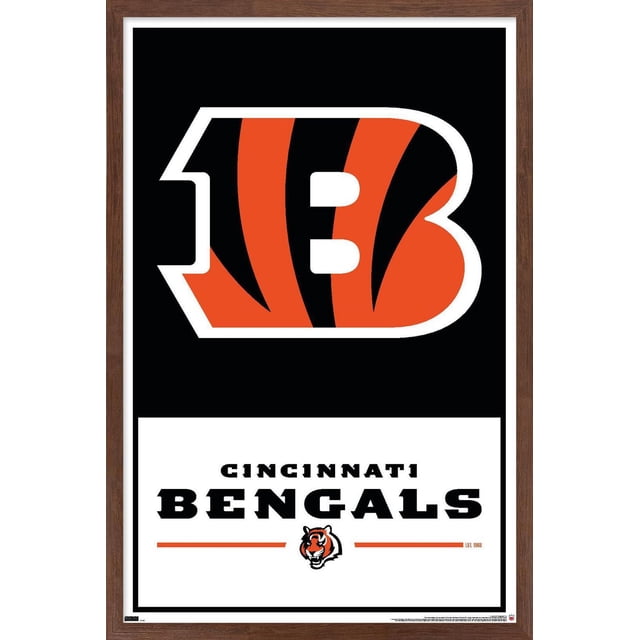 NFL Cincinnati Bengals - Logo 21 Wall Poster with Magnetic Frame, 22.375" x 34" featuring a centered Cincinnati Bengals logo with orange and black tiger stripes on a black background above bold black text 'CINCINNATI BENGALS' and a small tiger head logo with orange lines on a white lower section, all framed in a brown wood magnetic frame, suitable for wall art and sports décor in bedrooms, offices, or dorms.
