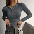 thumbnail image 2 of Yuyuzo Womens Long Sleeve Shirts Round Neck Buttons Solid Color Slim Fitted Basic Going out Tops, 2 of 7