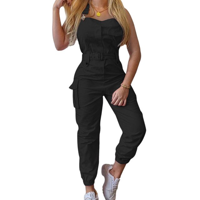 Innerwin Jumpsuits Sleeveless Women Long Pants Summer With Pockets Solid Color Romper Black S
