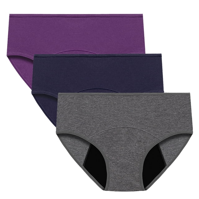 Culottes Menstruelles pour Femmes Flux Abondant, Culottes Réutilisables Anti-Fuites Post-Partum pour Incontinence Menstruelle 3 Pcs. l'Image Affiche Trois Paires de Culottes Menstruelles pour Femmes en Violet, Bleu Marine et Gris. Ces Culottes Offrent une Coupe Sans Coutures à Couverture Complète et une Doublure Anti-Fuites pour protection contre les Flux Abondants. Fabriquées avec un Tissu Respirant Qui Évacue l'Humidité et un Gousset en Coton Doux pour le Confort. Idéal pour les Besoins Post-Partum, Menstruels Ou d'Incontinence.