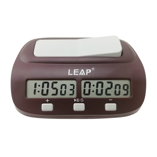 Yeacher Professional Digital Chess Clock in wine red color with dual LCD displays showing countdown times for two players. This electronic chess timer features four buttons for easy programming and operation, allowing for customizable time settings. Compact and portable, it is ideal for board game competitions, master tournaments, and casual play.