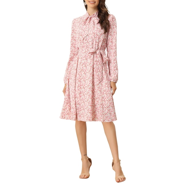 INSPIRE CHIC Robe Midi Ceinturée à Imprimé Floral Vintage en Mousseline à Manches Longues à Col Noué pour Femme TP Roses