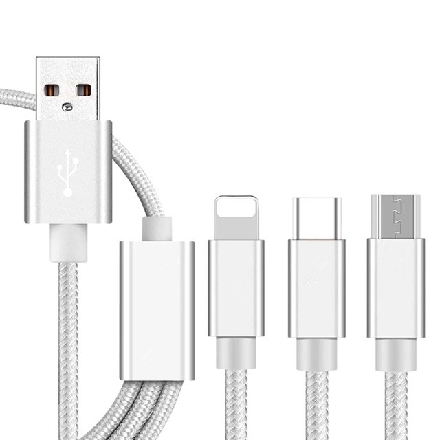 3 in 1 USB Cable Type-C/Lightning/Micro USB Charging Cable 3ft with a silver nylon braided design, featuring Type-C, Lightning, and Micro USB connectors. Ideal for cell phone accessories, supports 2A fast charging, and includes durable aluminum alloy connectors.