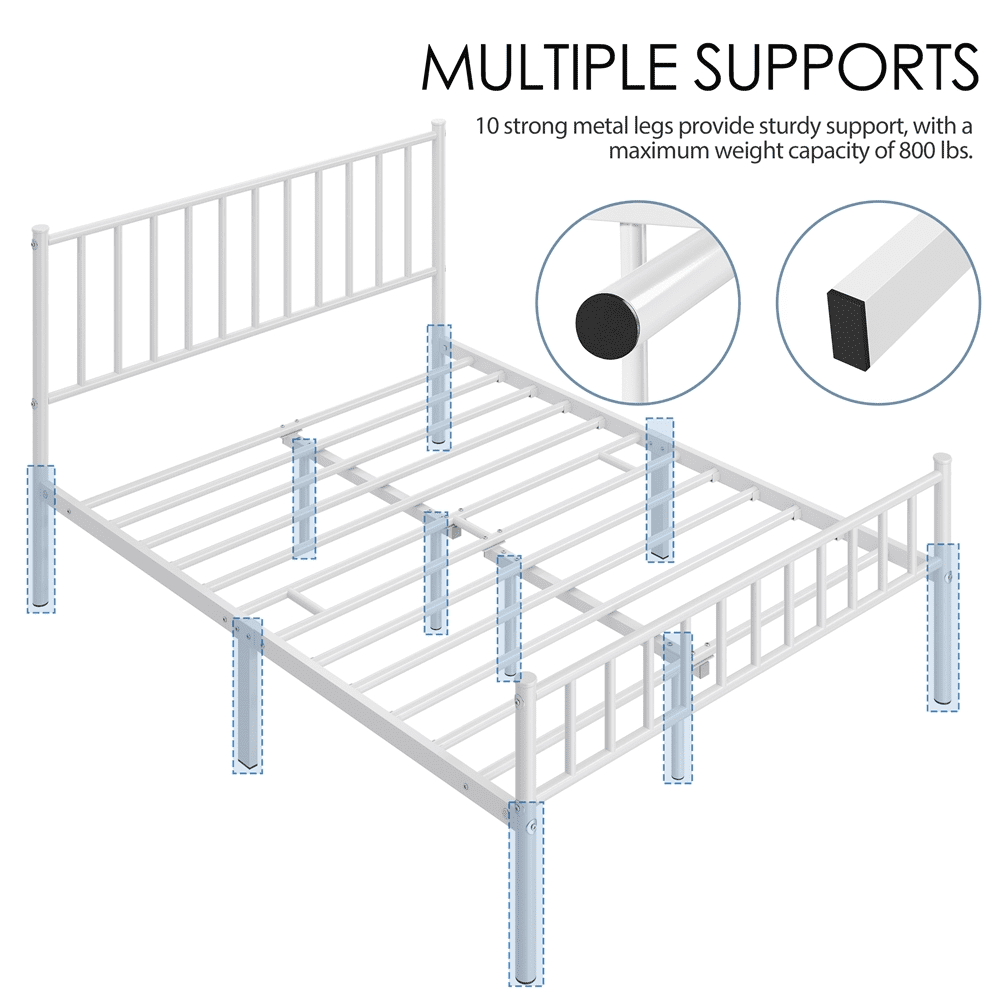 Fullfurnique Minimalist Metal Bed Frame with Vertical Bar Headboard and Footboard, Queen, White