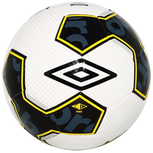 Umbro Pivot Soccer Ballon, Taille 5, Montrant une surface Texturée Blanche avec des Panneaux Pentagonaux Noirs Décrits en Graphiques Jaunes et Bleu Foncé, Présentant une construction Cousue à la Machine à 32 Panneaux et le logo Noir Umbro à double Diamant au Centre, Conçu pour un Jeu durable et Précis et un Contrôle Uniforme sur les Terrains en Gazon pour les Joueurs de 13 Ans et Plus.
