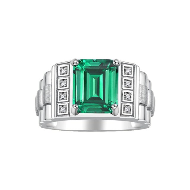 RYLOS Men's Rings 14K White Gold Designer Style 10X8MM Emerald Cut Shape Gemstone & Diamonds Emerald May Birthstone Rings For Men Size 10