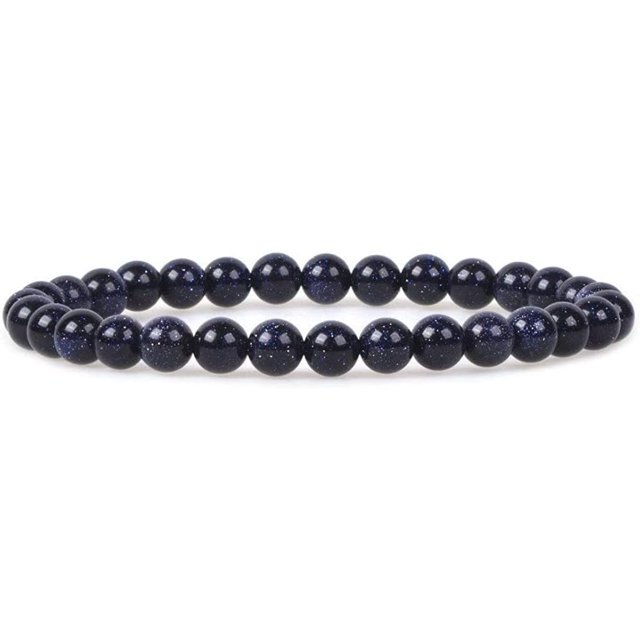 Bracelet Extensible en Perles Rondes de 6 mm en Pierre Dorée Bleue Synthétique 6,5 Pouces Unisexe