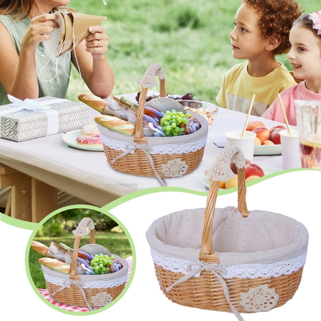 Wicker Storage with Gingham and Lace Trim Crochet Design Ideal for Home Picnic Use and Giving