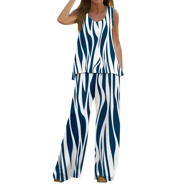 Mikilon Ensemble Stylé pour Femme 2 Pcs Décontracté Ample Imprimé Gilet Pantalon Long Sans Manches Col Rond Haut/chemise Ensemble Bleu TP