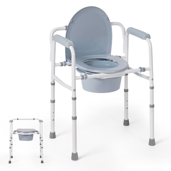 Naipo 3-in-1 Steel Bedside Commode, Sturdy Folding Frame, Raised Toilet Seat with Handles, Portable Toilet with 7.5 QT Bucket, 350 lbs Weight Capacity, Tool-Free Assembly