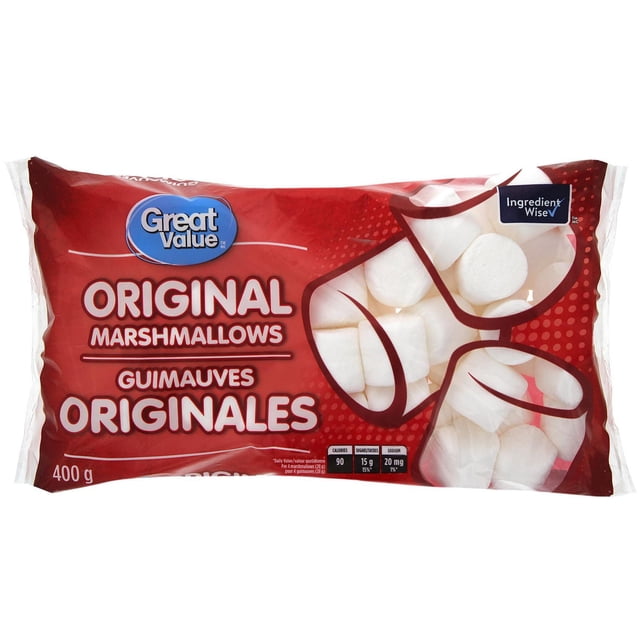 Great Value Original Marshmallows 400g bag with red packaging showing white marshmallows inside and illustrated on front, labelled in English and French with Ingredient Wise symbol, suitable for snacks, desserts, and hot cocoa.