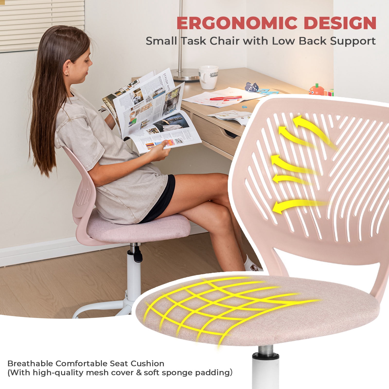 Homy Casa Chaise de bureau rose pour enfant, réglable avec roulettes, siège coussiné et dossier ventilé
