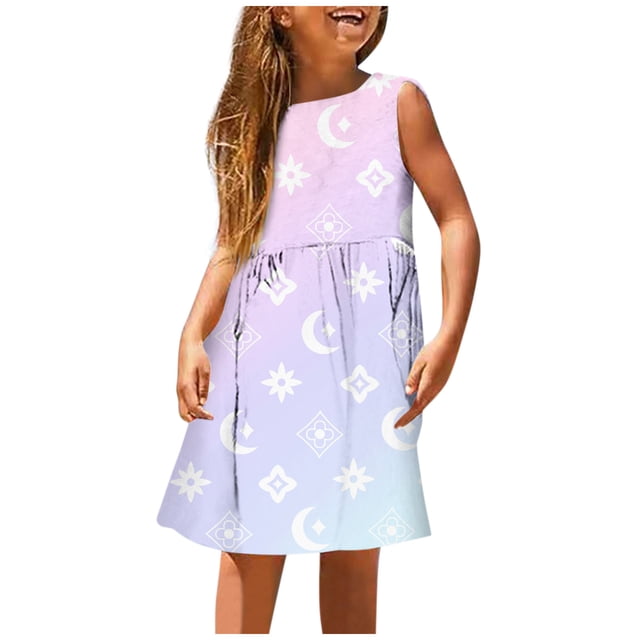 PMVFHDE Tenue d'Été pour Filles Mode Filles Mignonne Printemps et Été Imprimée Col Rond Sans Manches Robe Décontractée (3), Violet, 5-6