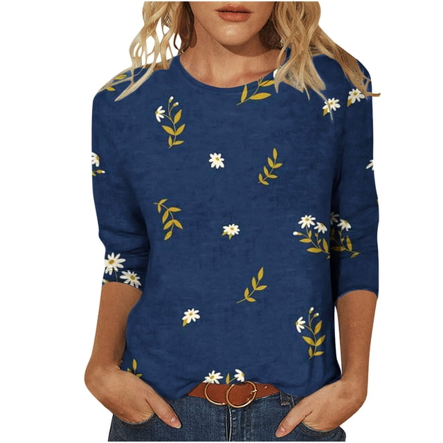 Pompotops T-shirt Ample Imprimé pour Femme Blouse à Manches 3/4 Col Rond Hauts Décontractés Liquidation