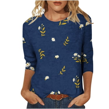 Pompotops T-shirt Ample Imprimé pour Femme Blouse à Manches 3/4 Col Rond Hauts Décontractés Liquidation