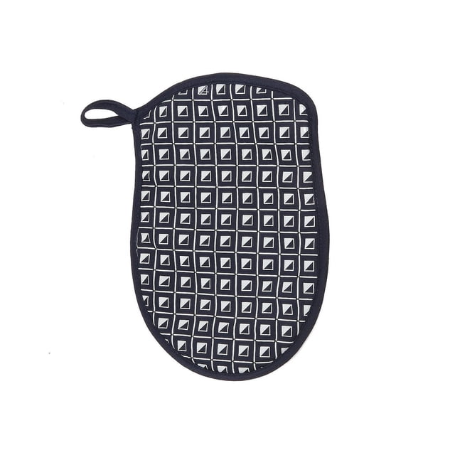 Silicon Print Pot Holder (Geo) (Navy Blue) - Set of 4 with navy blue oval pot holders featuring a white geometric square pattern and hanging loops, designed for heat protection while handling hot dishes or baking trays in the kitchen.