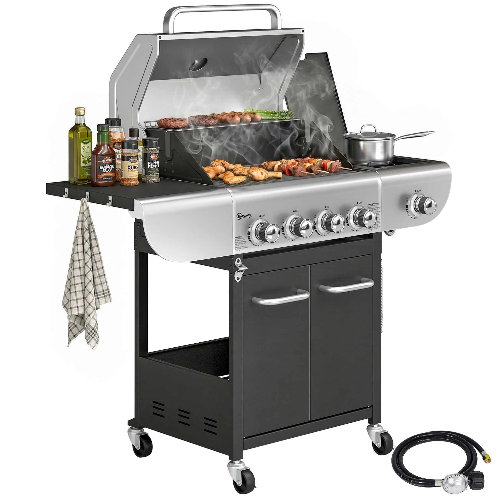 Outsunny 4 Burner Propane Gas Grill with Side Burner, 53,000 BTU BBQ Grill