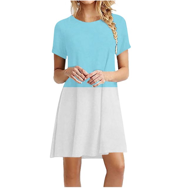 Lolmot Robe Décontractée pour Femmes à Blocs de Couleur Imprimée à Manches Courtes et à Col Rond
