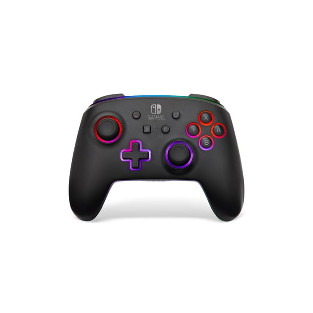PowerA Enhanced Wireless Controller for Nintendo Switch with Lumectra, front view showing black ergonomic wireless controller with multi-zone RGB lighting outlining analog sticks, D-pad, and A, B, X, Y buttons, featuring Nintendo Switch logo above center buttons, ideal for immersive gaming with programmable buttons and motion controls.